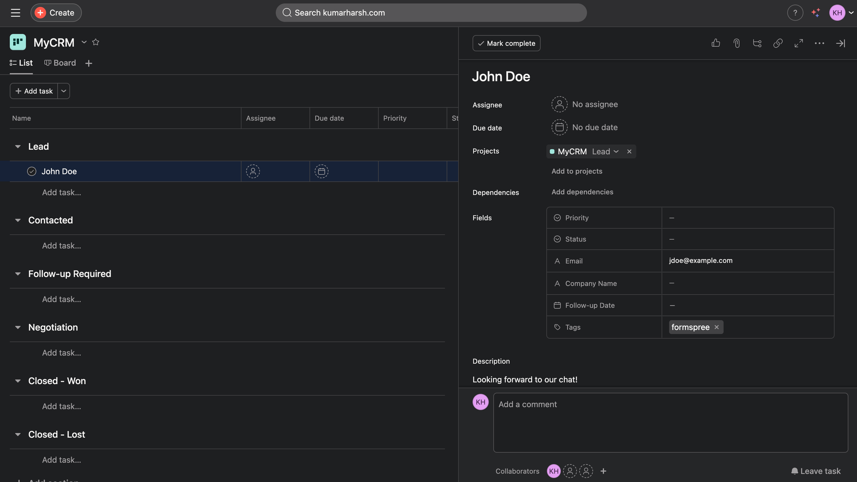 Viewing the collected lead in Asana