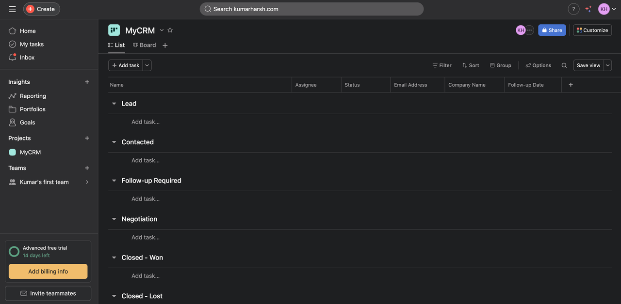 Setting up the required fields
